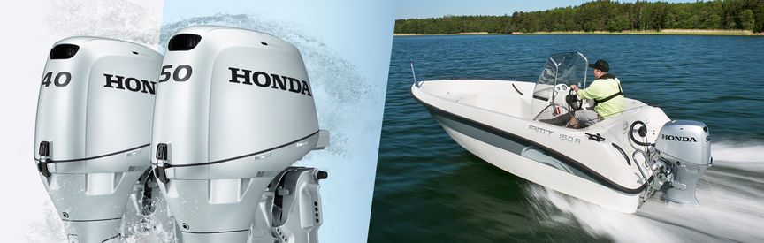 Gauche : 2 moteurs Honda Marine Droite : bateau équipé d'un moteur Honda, utilisé par des démonstrateurs, sur un lac.