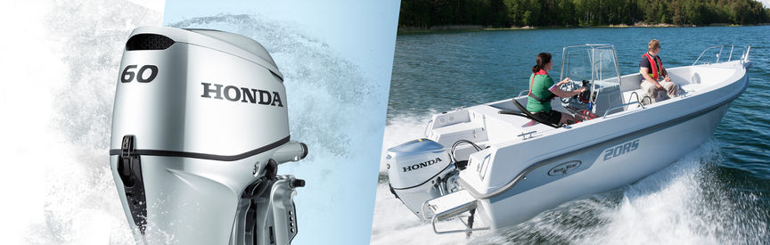 Gauche : moteur Honda Marine Droite : bateau équipé d'un moteur Honda, utilisé par des démonstrateurs, sur le littoral.