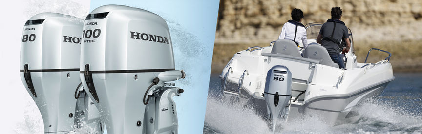 Gauche : 2 moteurs Honda Marine Droite : bateau équipé d'un moteur Honda, utilisé par des démonstrateurs, sur le littoral.