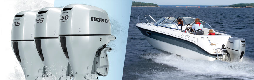 Gauche : 3 moteurs Honda Marine Droite : bateau équipé d'un moteur Honda, utilisé par des démonstrateurs, sur le littoral.
